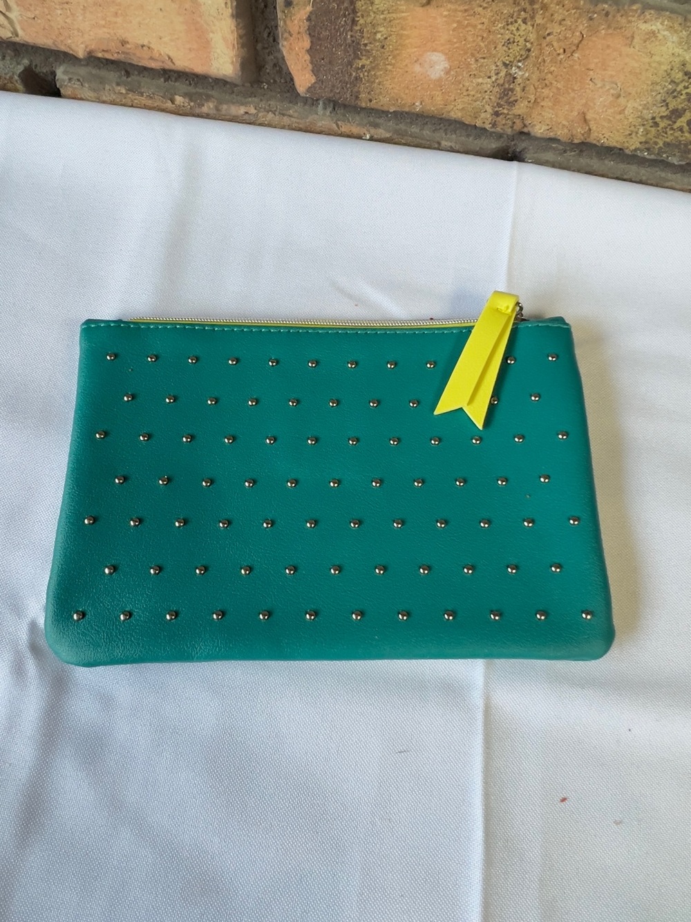 Teal Studded Wristlet Clutch with Yellow Zip Pull